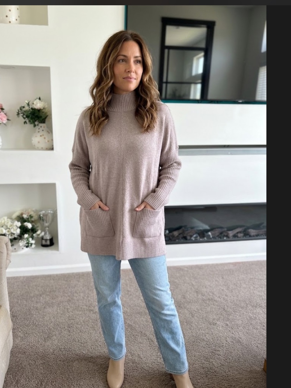 Kori Taupe Mock Neck Pocket Sweater Tunic